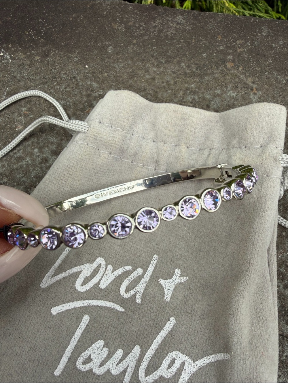 Givenchy Silver Hinged Bracelet with Pale Purple Crystals NWT
